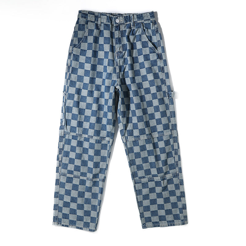 Jeans Men's Trendy Brand Trend Orchid Fruit Casual Harlan High Street Lattice Wide-leg Trousers