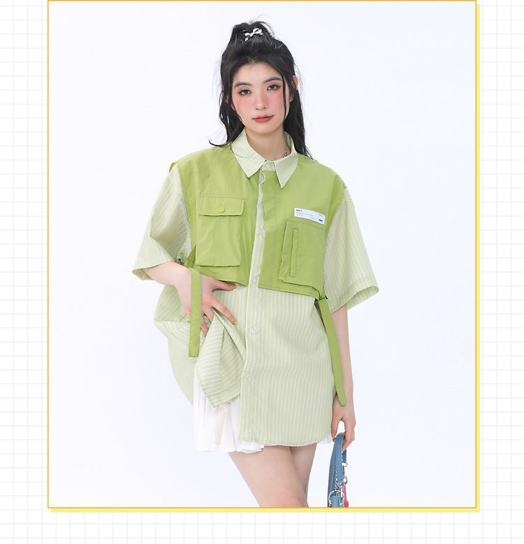 Women's Striped Overalls Short-sleeved Loose Shirt