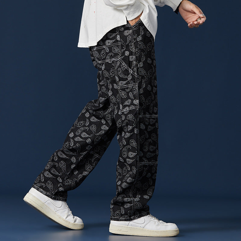 Jeans Men's Trendy Brand Trend Orchid Fruit Casual Harlan High Street Lattice Wide-leg Trousers