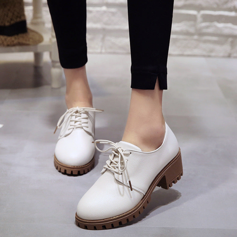 Small leather shoes for women spring new retro chunky shoes for women Korean version of the student flat shoes medium heels