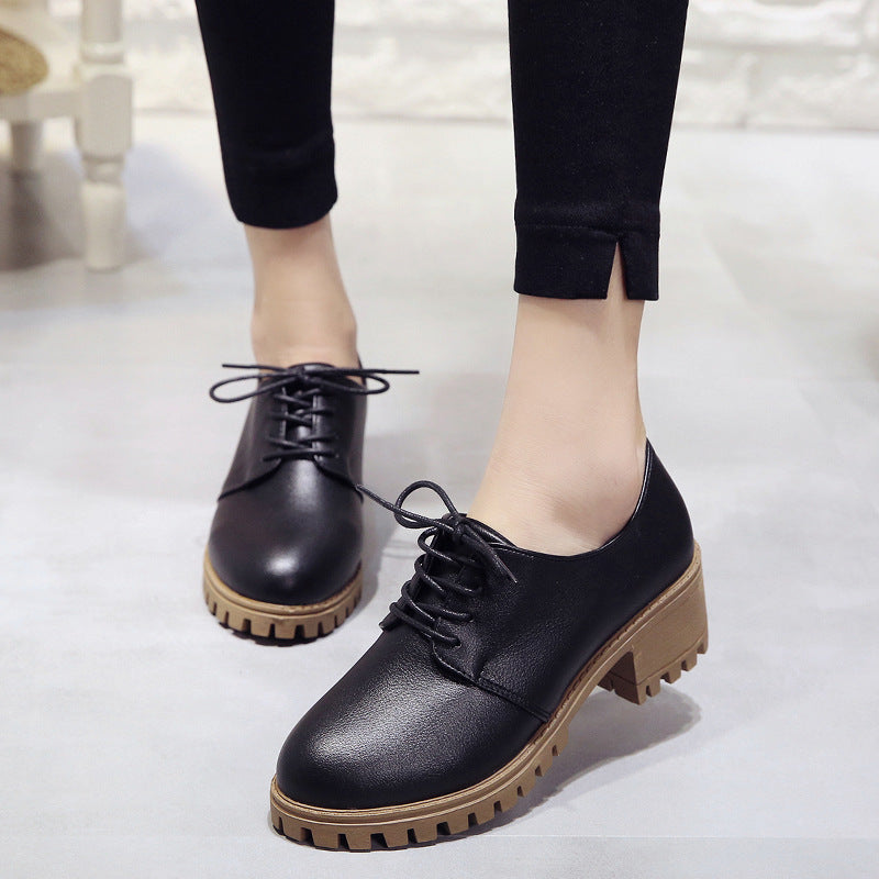 Small leather shoes for women spring new retro chunky shoes for women Korean version of the student flat shoes medium heels