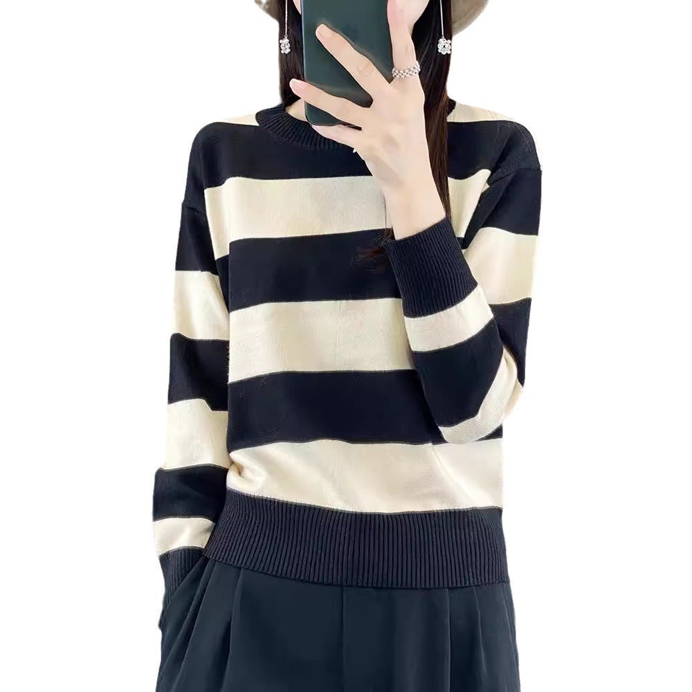 Women's Round Neck Sweater Loose-fitting Striped Long Sleeves