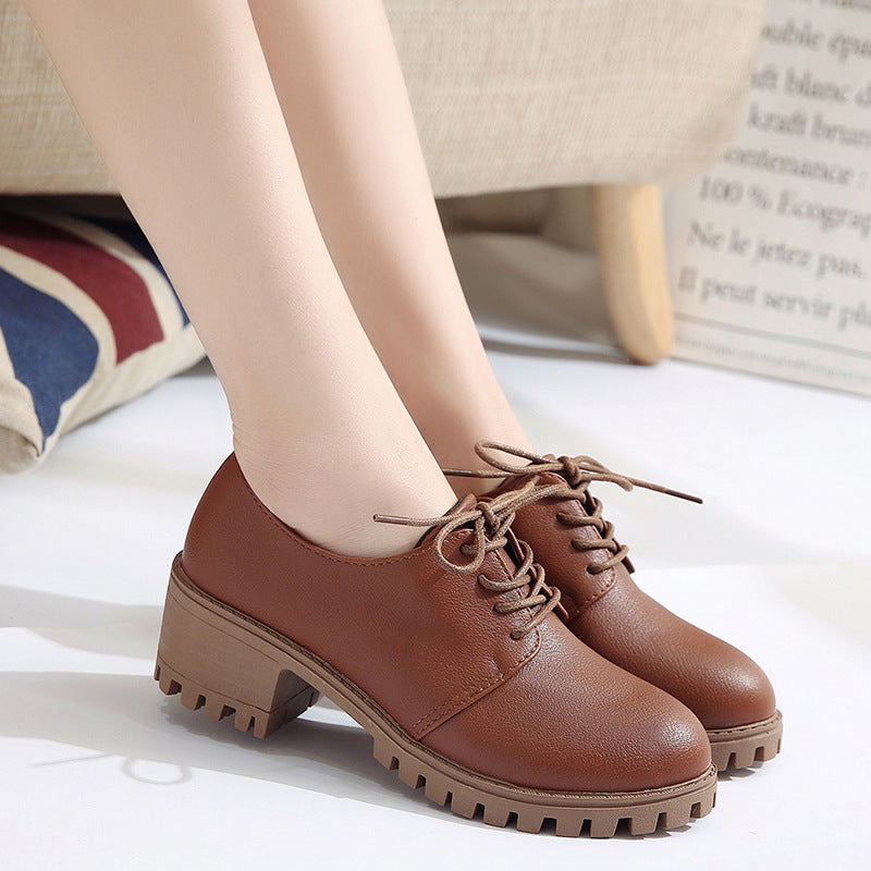 Small leather shoes for women spring new retro chunky shoes for women Korean version of the student flat shoes medium heels