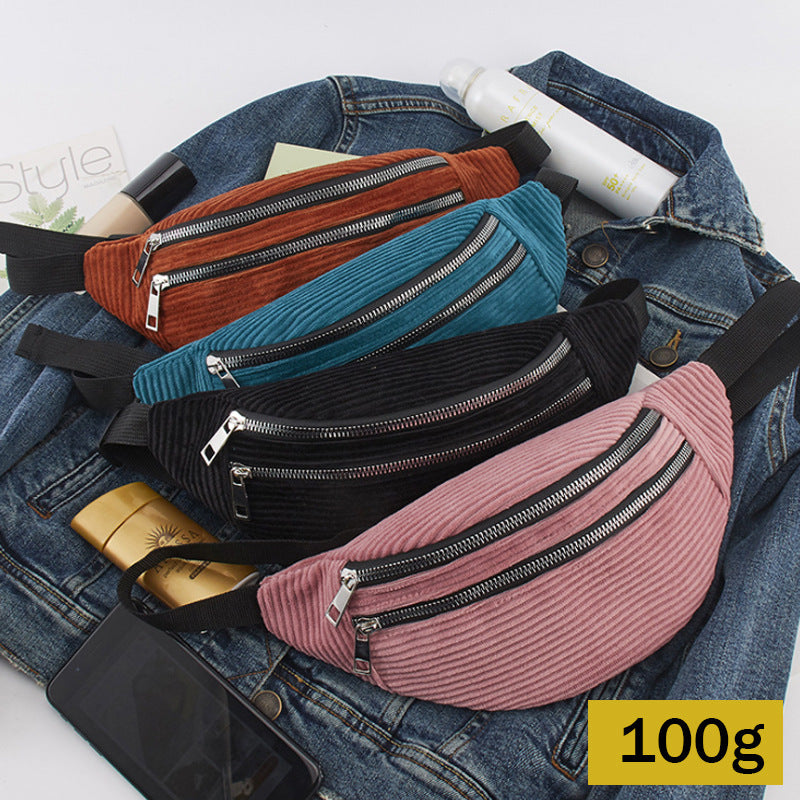 Men's and women's close-fitting double zipper flannel belt bag