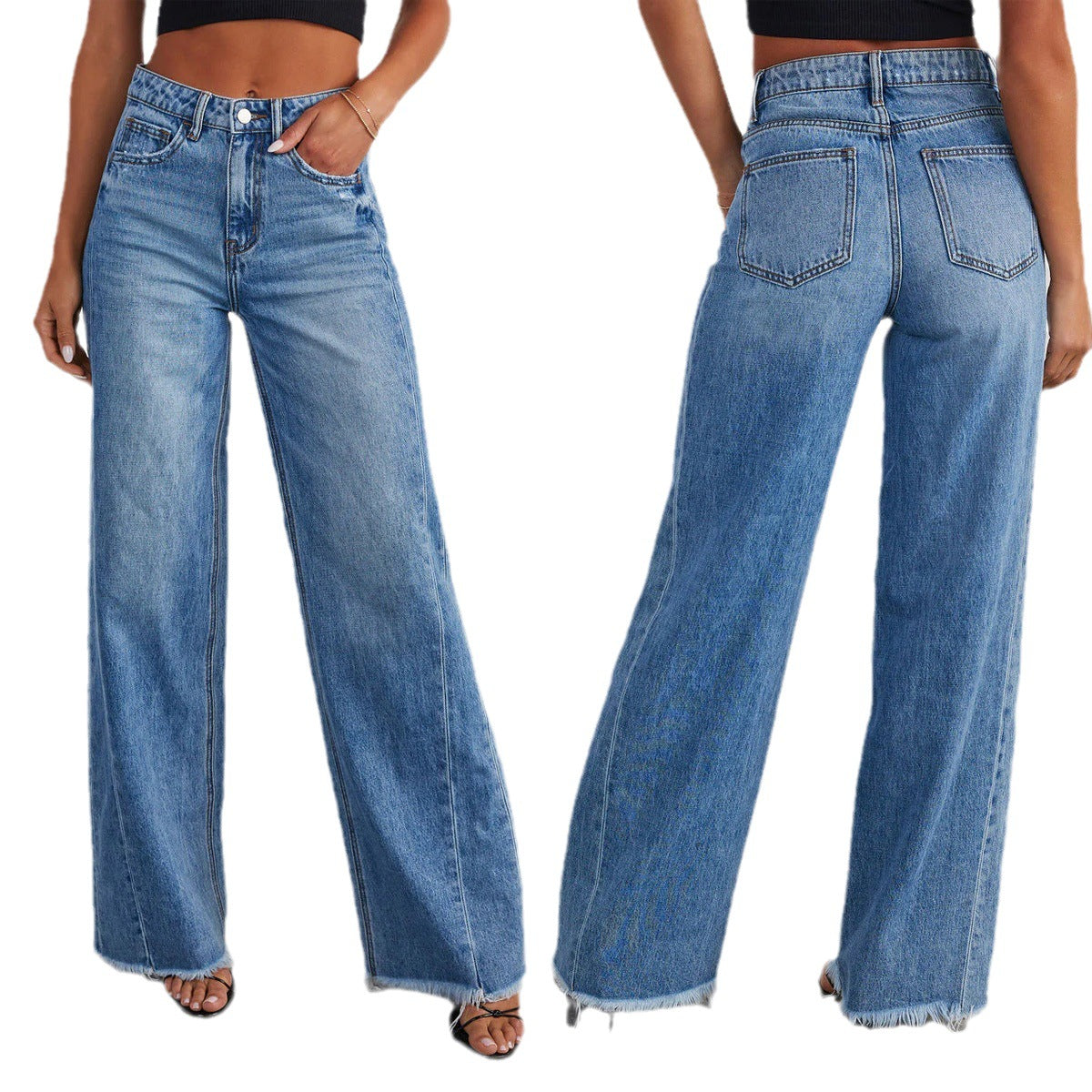 Loose wide leg side seam splicing, brushed hem denim jeans for women