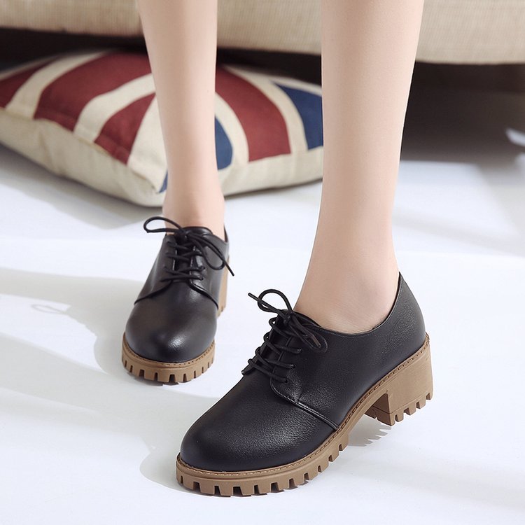 Small leather shoes for women spring new retro chunky shoes for women Korean version of the student flat shoes medium heels