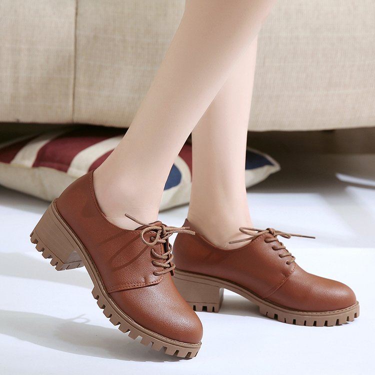 Small leather shoes for women spring new retro chunky shoes for women Korean version of the student flat shoes medium heels