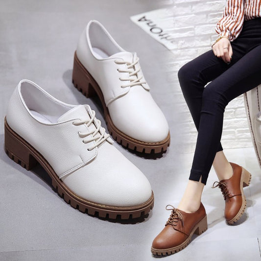 Small leather shoes for women spring new retro chunky shoes for women Korean version of the student flat shoes medium heels