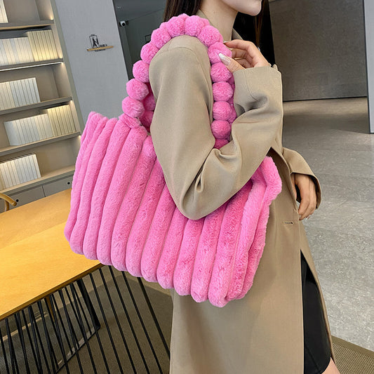 Striped Design Plush Bag Winter Fashion Shoulder Armpit Bags Large Capacity Furry Handbags Portable Cute Shopping Tote Bag