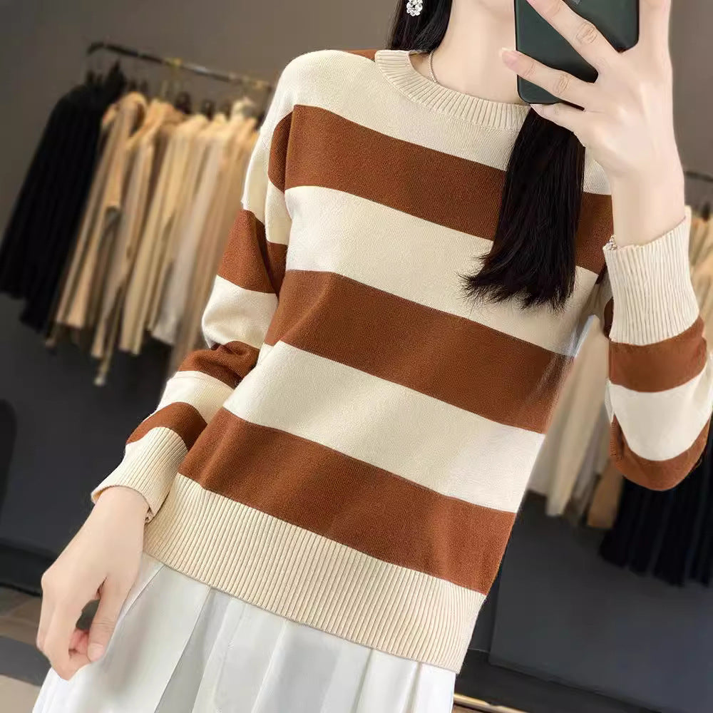 Women's Round Neck Sweater Loose-fitting Striped Long Sleeves