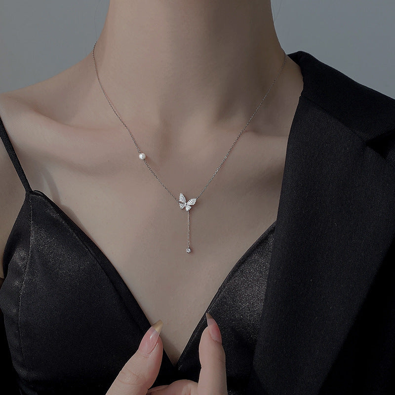 Temperament Diamond Butterfly Tassel Necklace Female