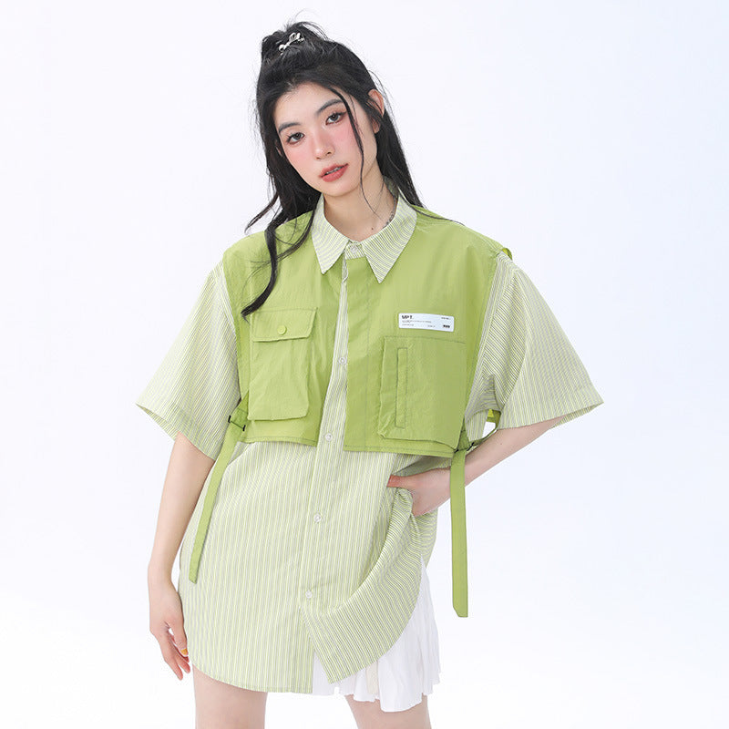 Women's Striped Overalls Short-sleeved Loose Shirt