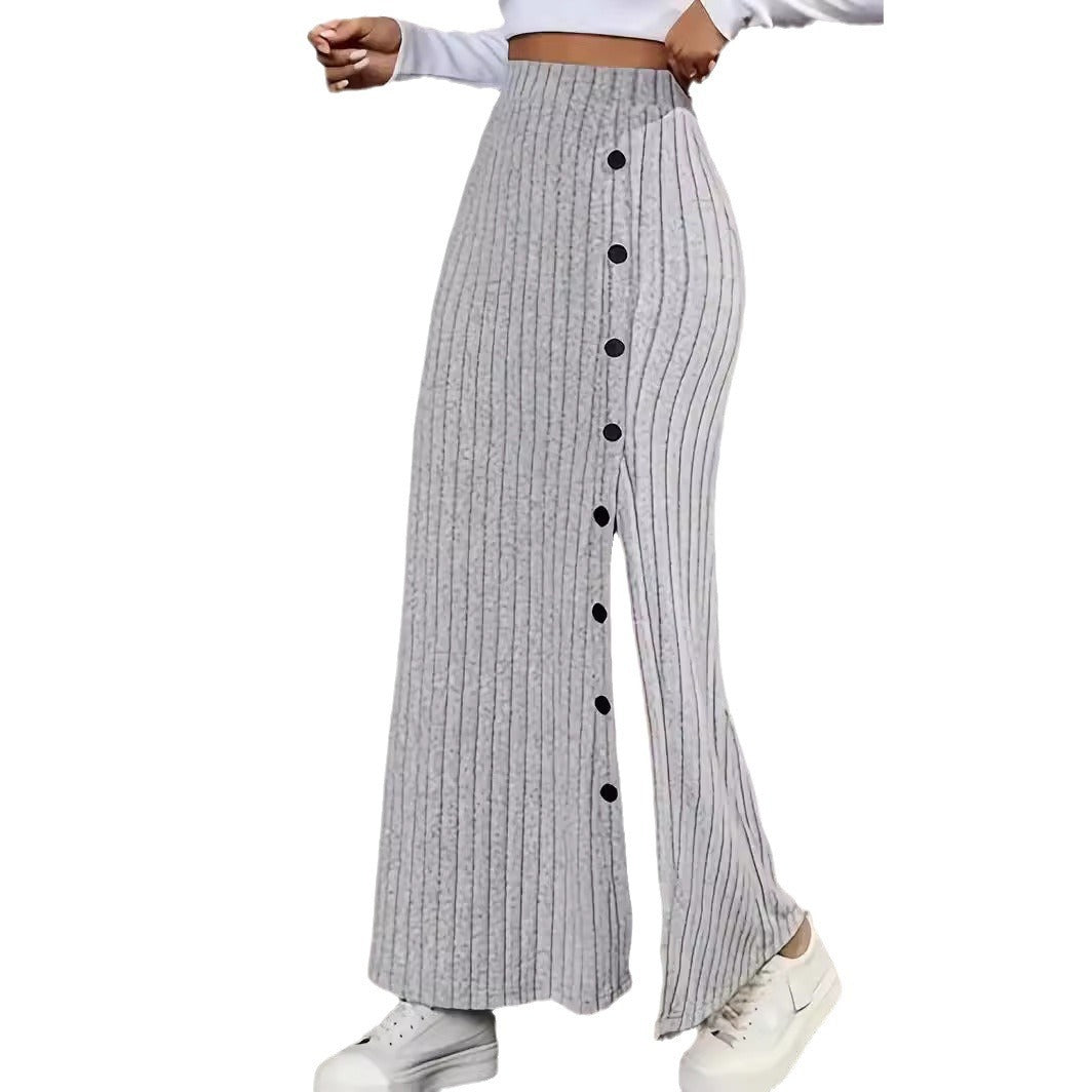 Women Knitted Dress Sunken Stripe Slit Fastener Decoration Sheath Skirt