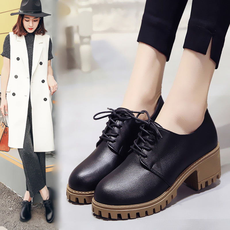 Small leather shoes for women spring new retro chunky shoes for women Korean version of the student flat shoes medium heels