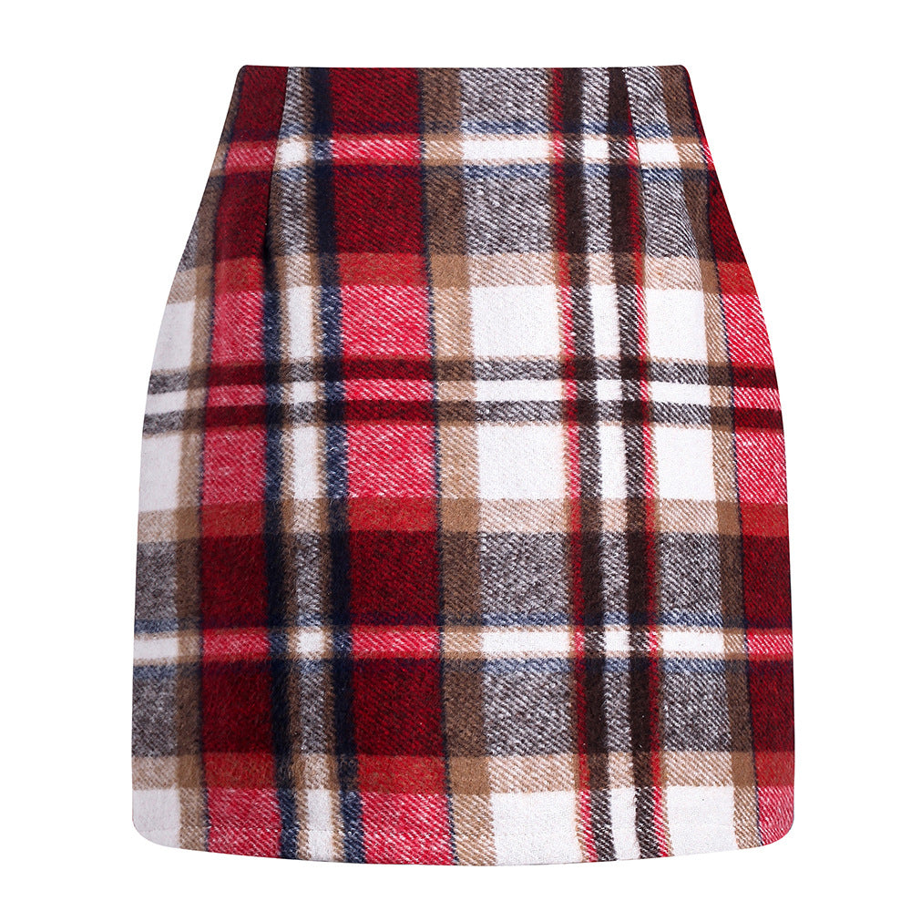 Women's high waisted plaid skirt tight pencil wool mini skirt