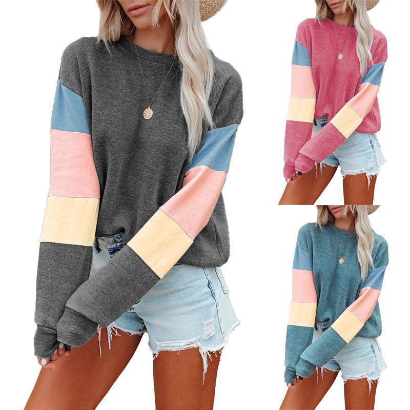 Round Neck Long Sleeve Color Contrast Long Sleeve Fashion T-shirt Women