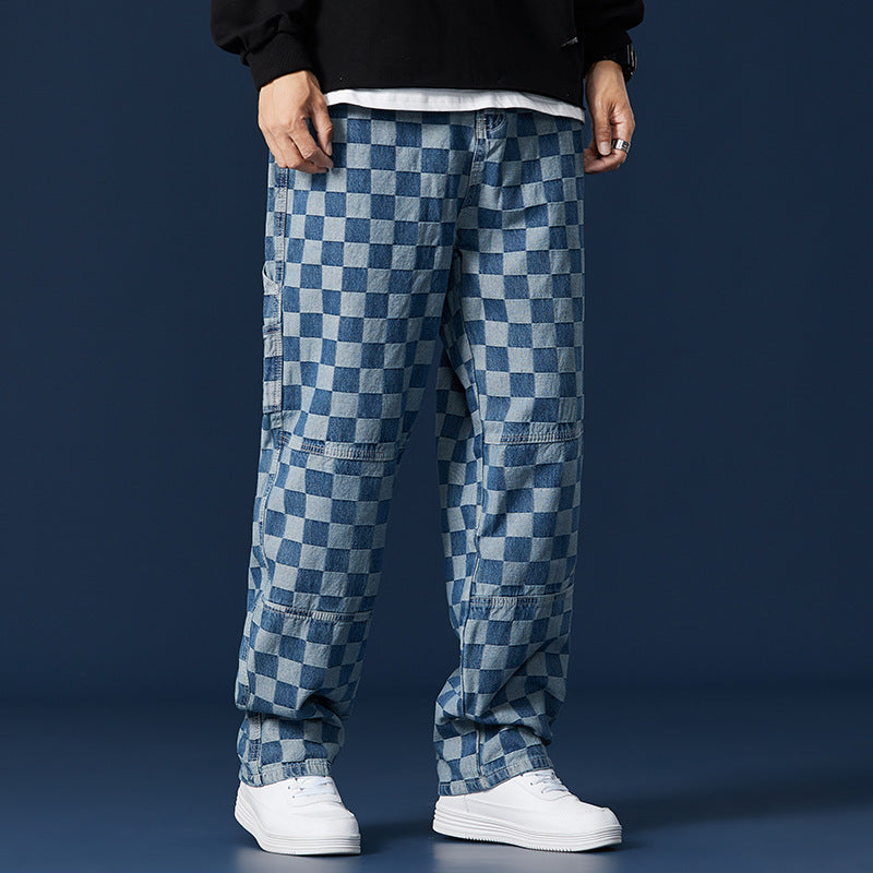 Jeans Men's Trendy Brand Trend Orchid Fruit Casual Harlan High Street Lattice Wide-leg Trousers