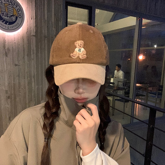 Cute bear embroidered baseball hat for women autumn and winter corduroy color matching retro duckbill cap