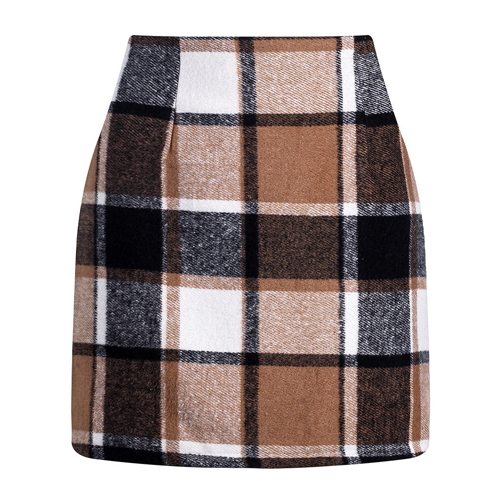 Women's high waisted plaid skirt tight pencil wool mini skirt