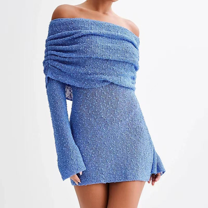 Women's Spring Summer Knitted Dress Elegant Party Boat Neck Dress Infant Off Shoulder Bodycon Long Sleeve Fuzzy Short Club Chic Mini Dress