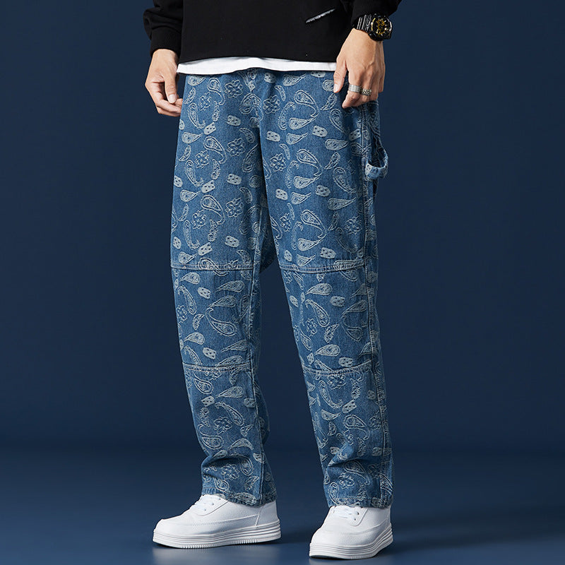 Jeans Men's Trendy Brand Trend Orchid Fruit Casual Harlan High Street Lattice Wide-leg Trousers