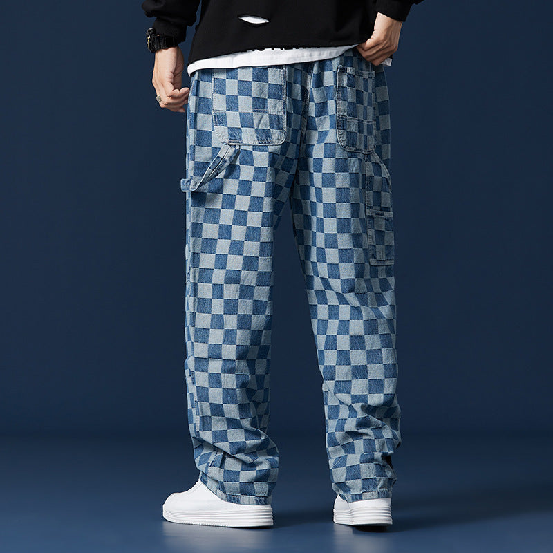 Jeans Men's Trendy Brand Trend Orchid Fruit Casual Harlan High Street Lattice Wide-leg Trousers