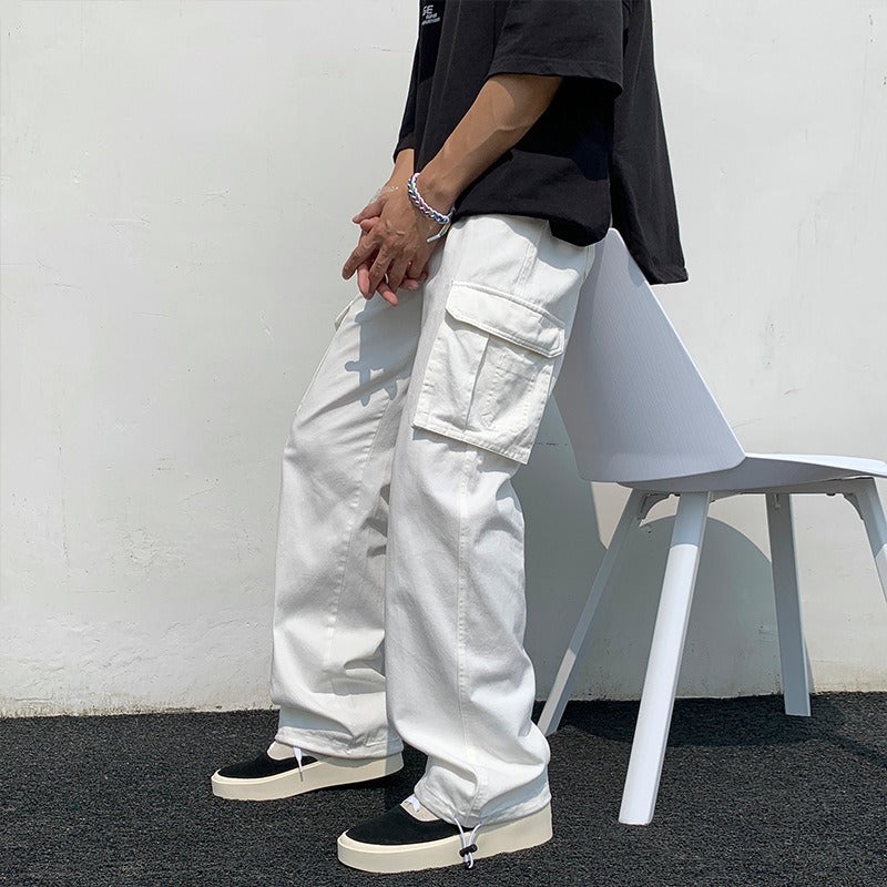 Workwear pants for men in autumn with multiple pockets, high street drape, floor dragging, loose fitting wide leg pants