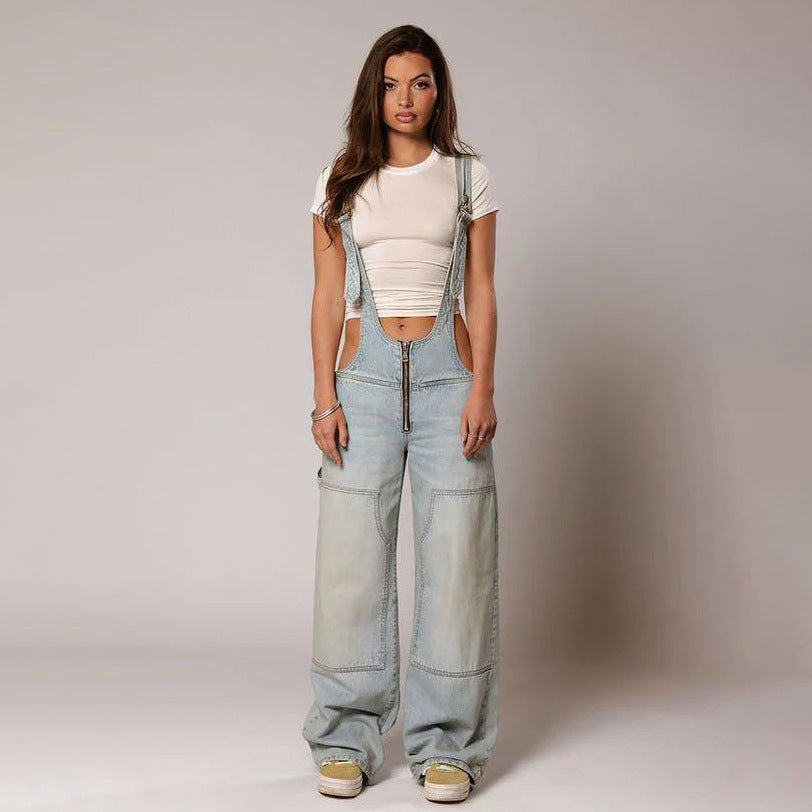 Y2K Zipper Denim Overalls With Pockets Fashion Loose Suspender Jumpsuit Streetwear Jeans Pants Womens Clothing