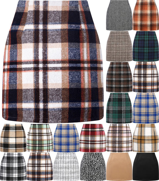 Women's high waisted plaid skirt tight pencil wool mini skirt