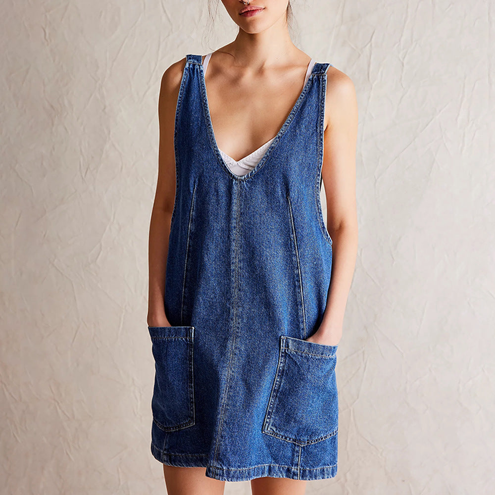 Summer New Women's Dresses Casual Denim Strap Pocket Mini Skirts Vintage Elegant A-Line Denim Backless Sleeveless Dress