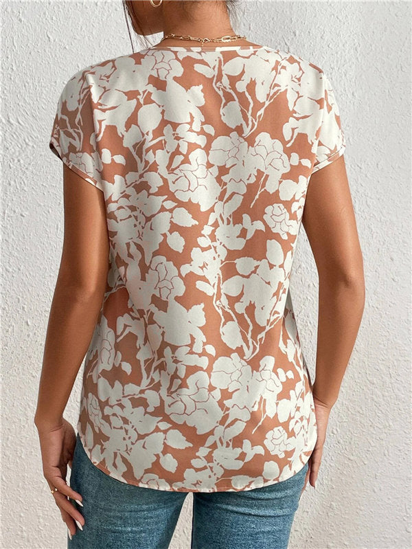 European And American Fashion V-neck Short Sleeve Printed Top