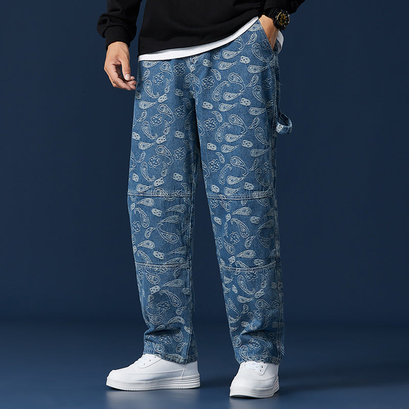 Jeans Men's Trendy Brand Trend Orchid Fruit Casual Harlan High Street Lattice Wide-leg Trousers