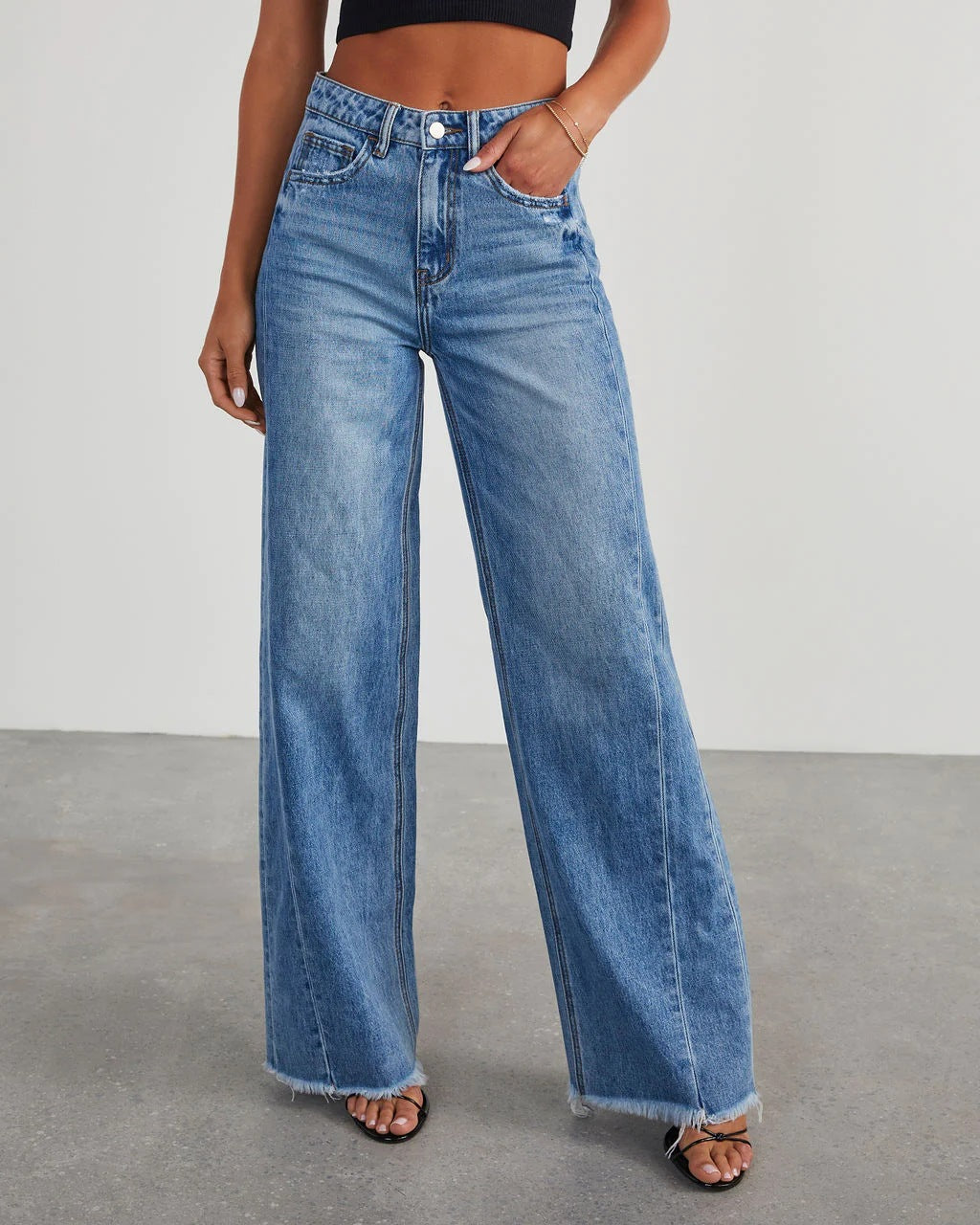 Loose wide leg side seam splicing, brushed hem denim jeans for women