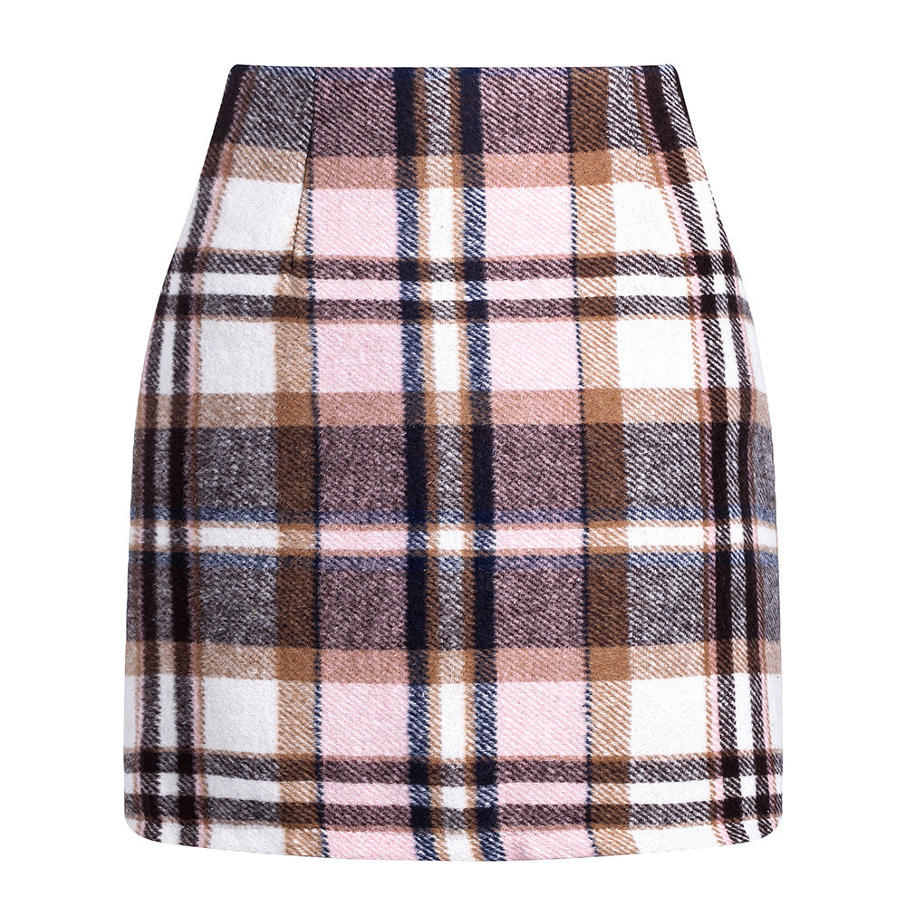 Women's high waisted plaid skirt tight pencil wool mini skirt