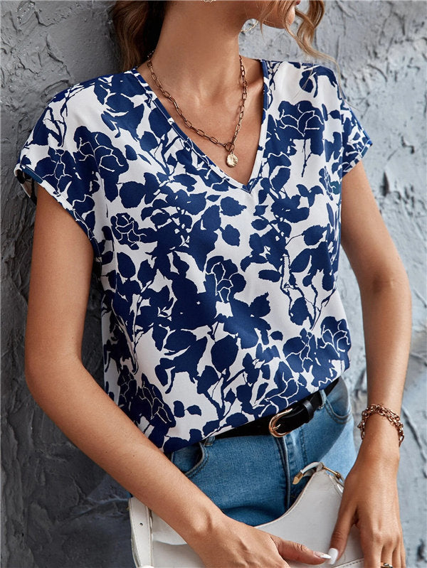 European And American Fashion V-neck Short Sleeve Printed Top