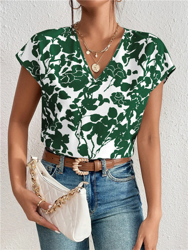 European And American Fashion V-neck Short Sleeve Printed Top