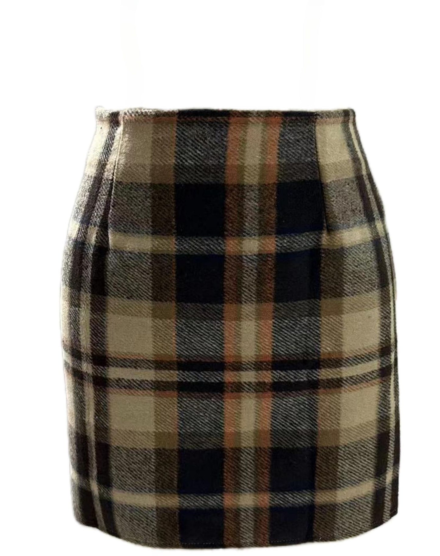 Women's high waisted plaid skirt tight pencil wool mini skirt