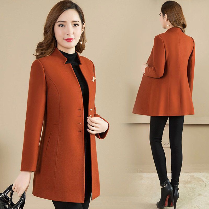 Woolen Coat Mid-length Stand Collar Coat