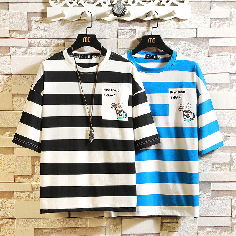 New Men's Fashion Striped Round Neck Short-sleeved T-shirt