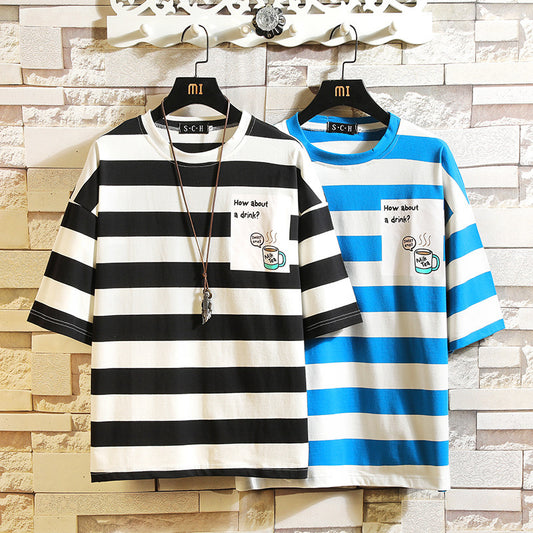 New Men's Fashion Striped Round Neck Short-sleeved T-shirt