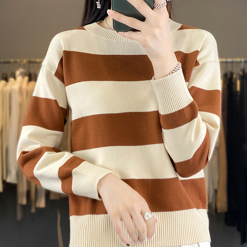 Women's Round Neck Sweater Loose-fitting Striped Long Sleeves