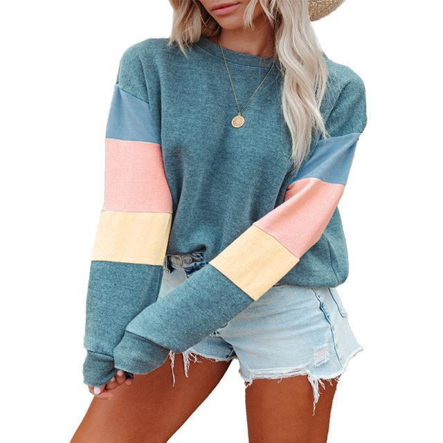 Round Neck Long Sleeve Color Contrast Long Sleeve Fashion T-shirt Women