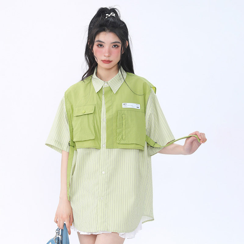 Women's Striped Overalls Short-sleeved Loose Shirt