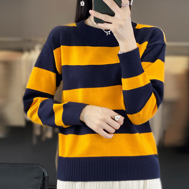 Women's Round Neck Sweater Loose-fitting Striped Long Sleeves