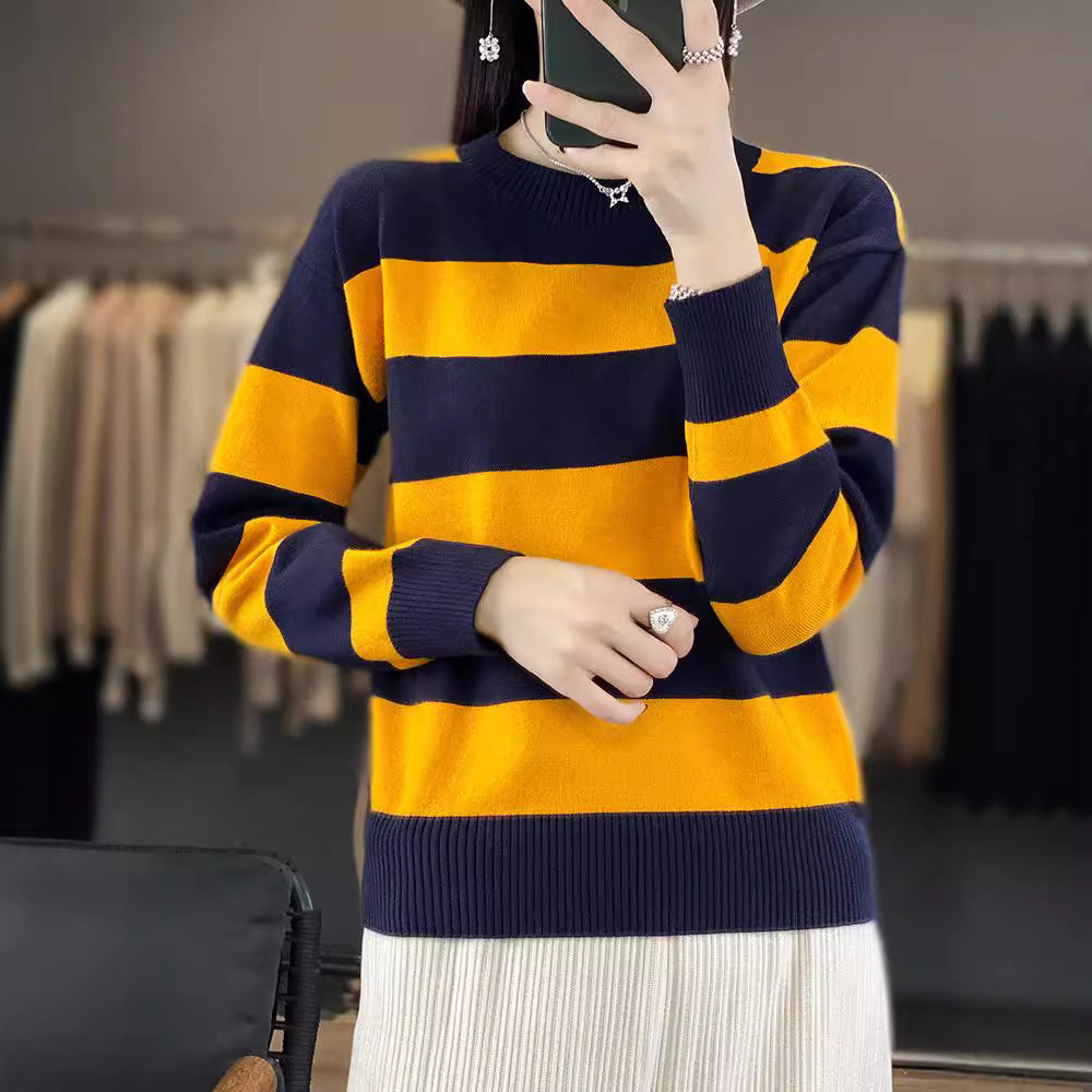 Women's Round Neck Sweater Loose-fitting Striped Long Sleeves