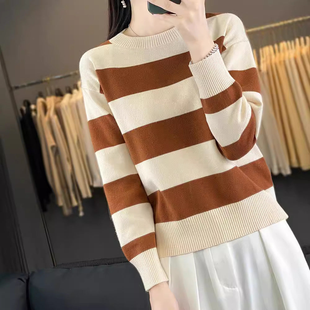 Women's Round Neck Sweater Loose-fitting Striped Long Sleeves