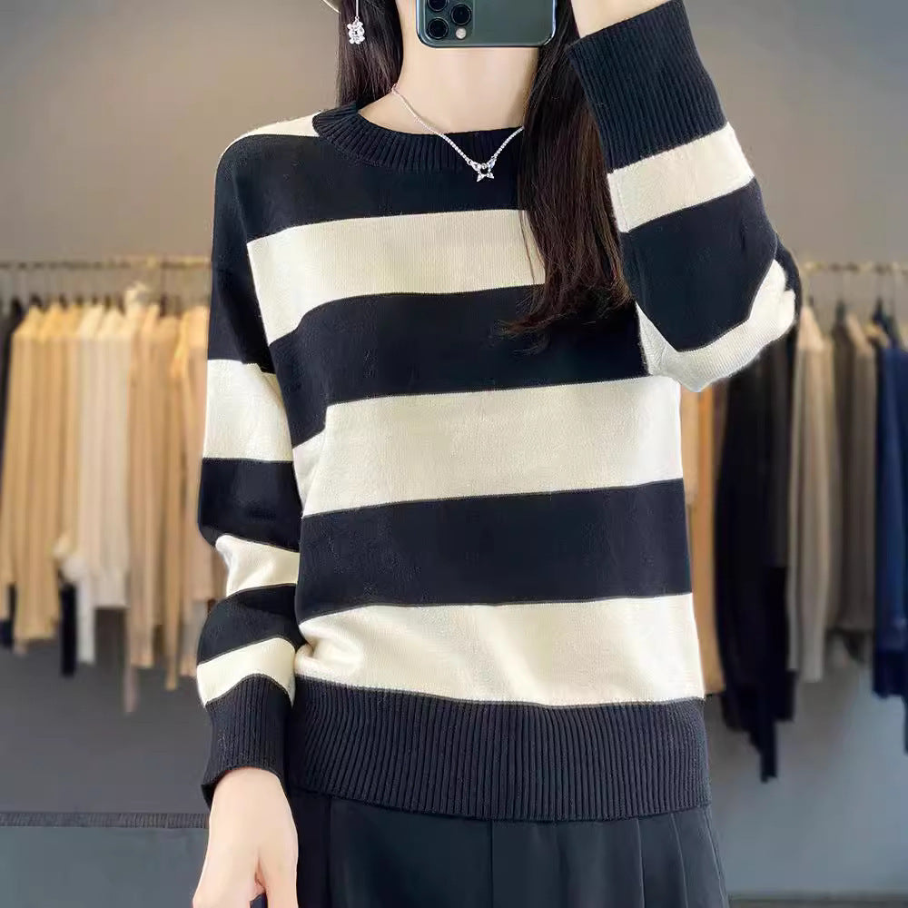 Women's Round Neck Sweater Loose-fitting Striped Long Sleeves