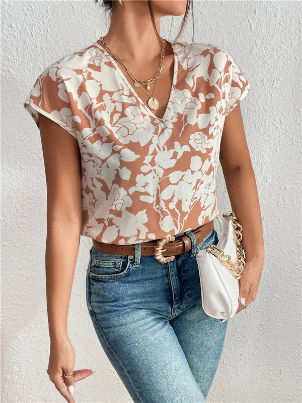 European And American Fashion V-neck Short Sleeve Printed Top