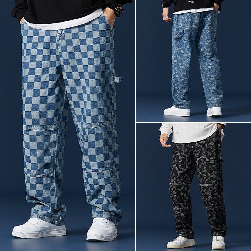 Jeans Men's Trendy Brand Trend Orchid Fruit Casual Harlan High Street Lattice Wide-leg Trousers