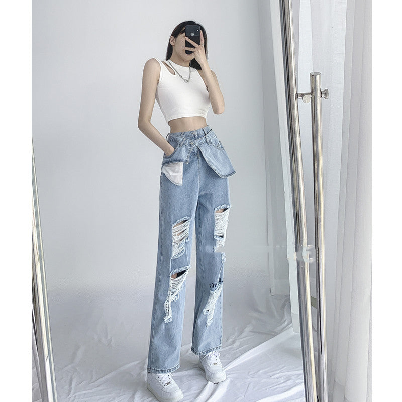 Fried Street American Hot Girl Crossover Jeans Women's High Waist Loose